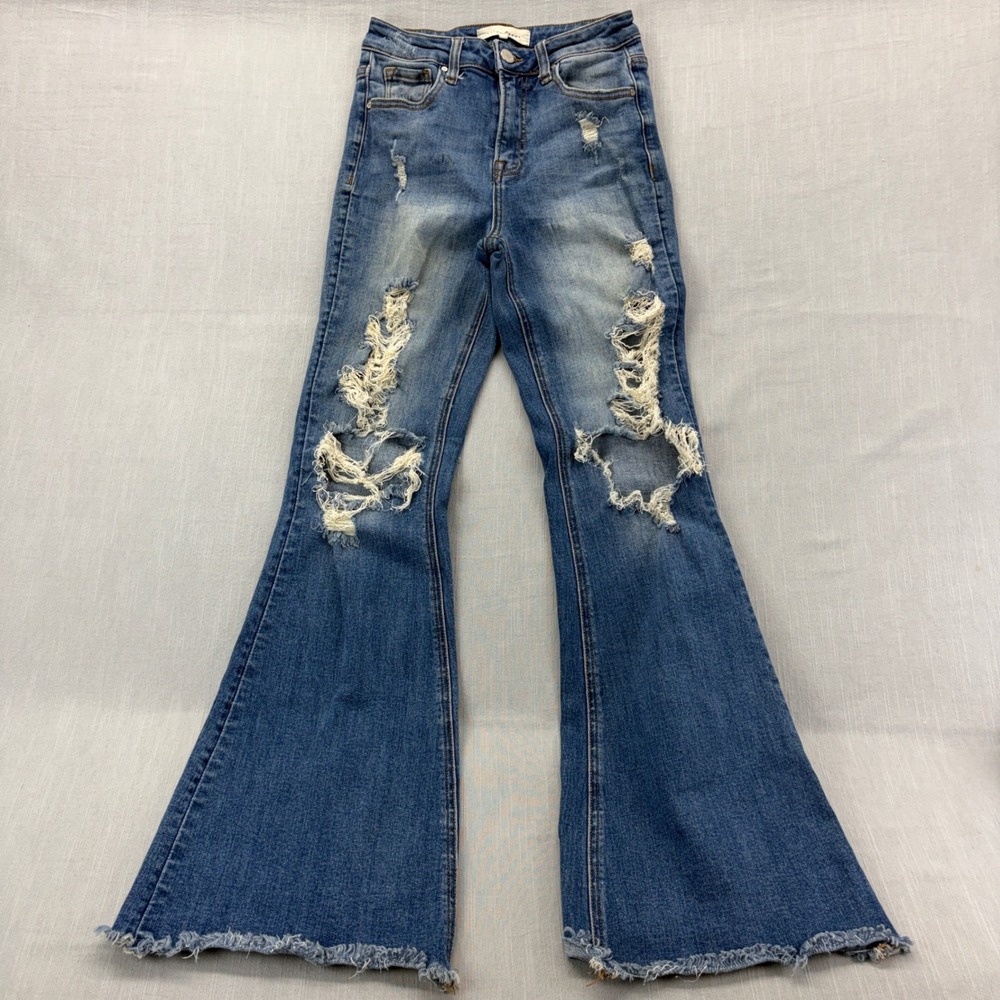Risen Jeans Flare Jeans Womens Size 3/26 RDP5024 Blue Distressed Raw Hem